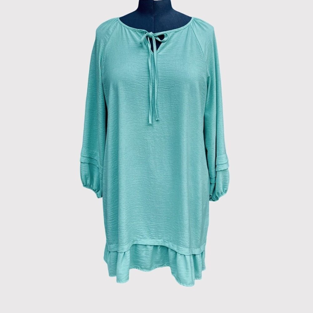 VISION Ruffled SeaFoam Green Dress Women's 1X Long Sleeves Peasant 70's-Style